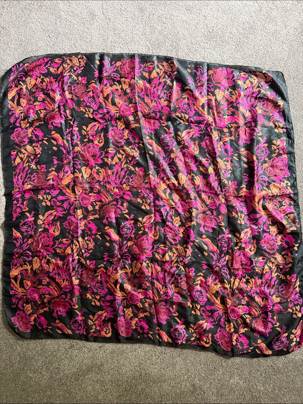 Black silk Floral Scarf or Accent Fabric - Pink and Orange Floral Design